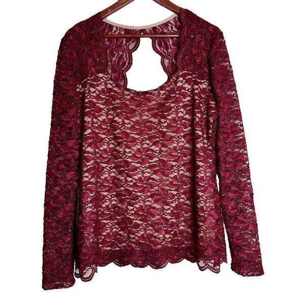 Boston Proper Sparkle Lace Longsleeve Top Womens XL Square Neckline & Keyhole - Picture 1 of 10